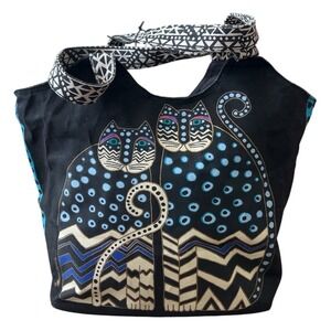 Laurel Burch Polka Dot Gatos Large Scoop Tote - Black - NEW